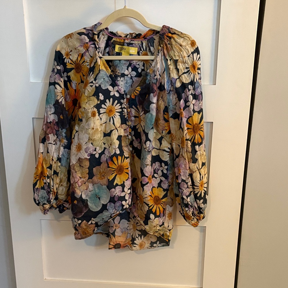 Maeve Navy Floral V-Neck Long Sleeve Blouse